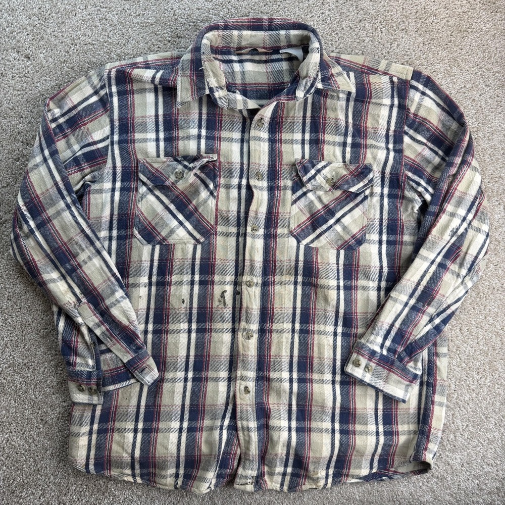 Vintage Winter Run Shirt Mens Large Beige Plaid Long Sleeve Flannel Button Up